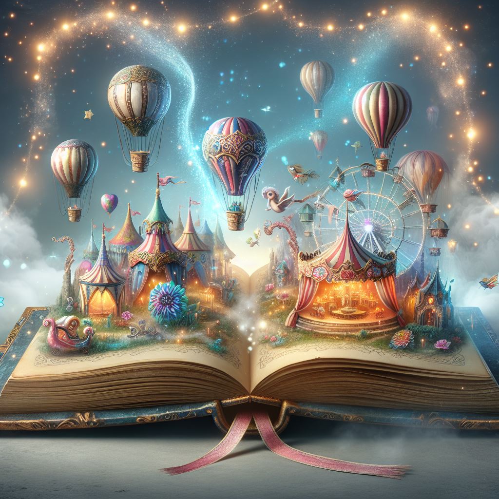 Image of a magical carnival coming our of an open book